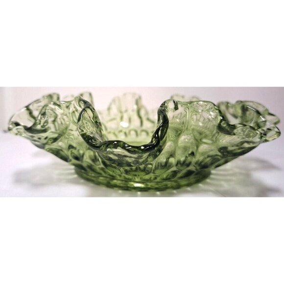 Vintage Fenton Colonial Green Ruffle Edge Thumbprint Pattern Glass Bowl - Picture 3 of 6